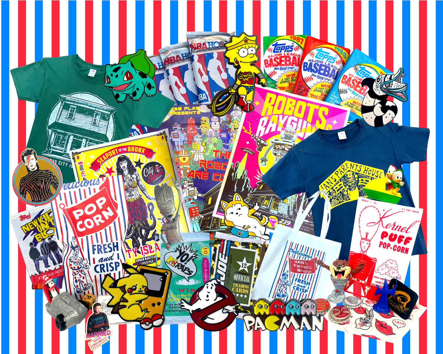 vintage collectibles on red white and blue striped background